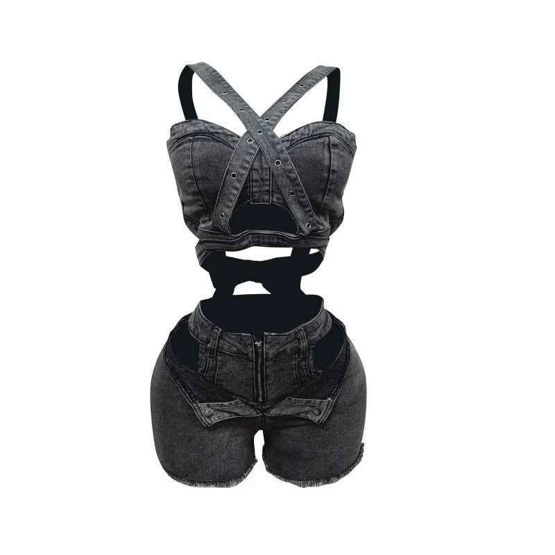 Sexy Jean 2 Piece Sets Women Outfit Summer Clothes Women 2024 Strapless Hollow Out Vest Top + Shorts Sets Street Denim Woman Set