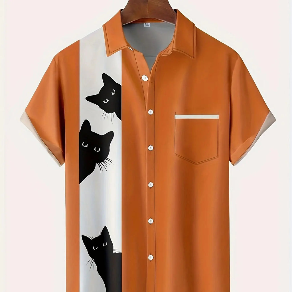 Cat Cartoon Print Shirt] Plus Size 3D Digital Print Cartoon Fun Men's Short Sleeve Button Shirt Fashion Hawaiian Vacation Shirt