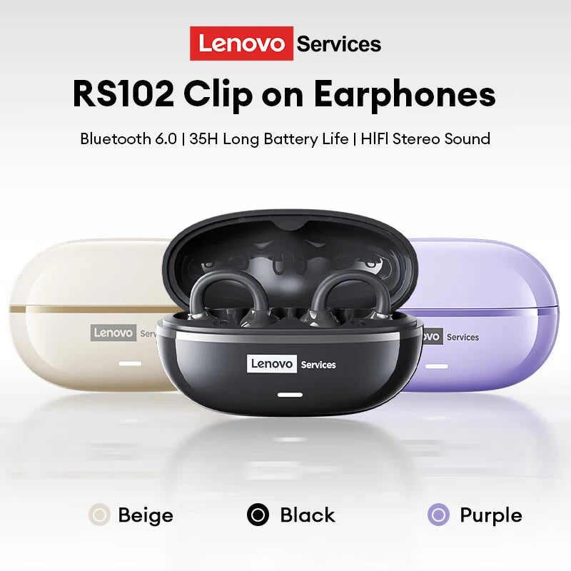 NEW Lenovo RS102 Open Ear Wireless Earphones Bluetooth 6.0 Clip On OWS Sports Headphones Ear Clip Earbuds Touch Control with Mic