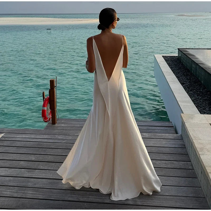 Backless Satin Long Sling Dress Women V Neck Sleeveless Slit Solid Sexy Party Dresses 2026 Summer Lady Vacation Evening Robes