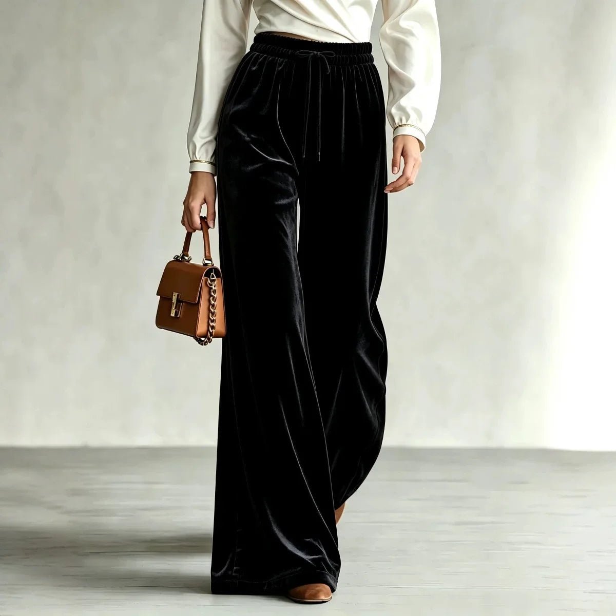 New Winter Women's Velvet Wide-leg Pants Drawstring High-waisted Pants Trousers