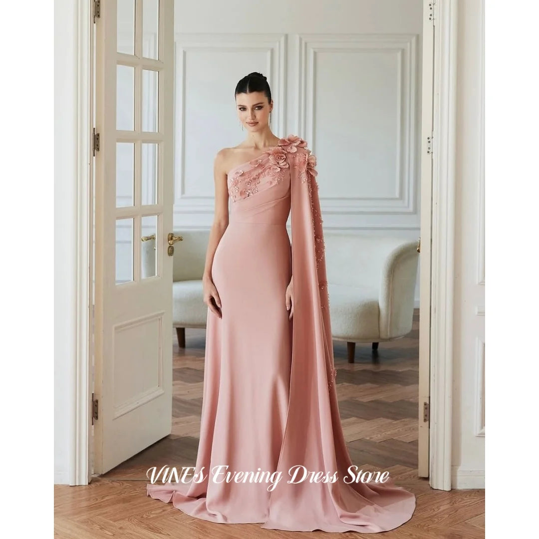 VINES Pink One Shoulder Prom Dress 3D Flower Beaded Evening Dress With Cape Elegant Floor Length Formal Party Dress Customized