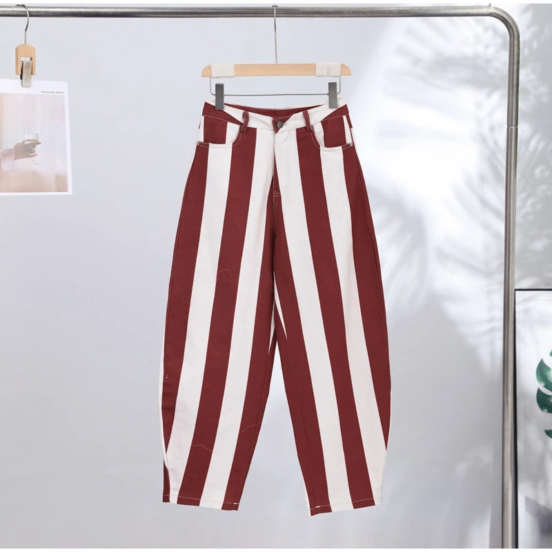 Street Fashion Stripe Women's Pants Zipper Button Pocket Wide Leg Multicolor Vertical Pants 2026 Spring Summer Lady Trousers