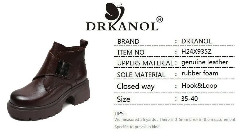 DRKANOL Wide Head Design Women Platform Boots Autumn Winter Warm Thick High Heel Hool And Loop Metal Genuine Leather Ankle Boots