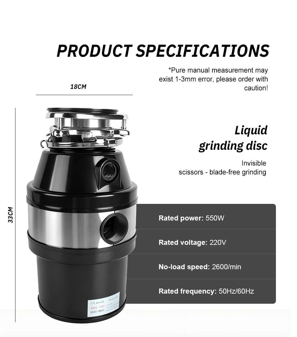 Electric Kitchen Food Waste Disposer Heavy-duty Under Sink Grind Garbage Disposal Unit Food Waste Grinder Machine 220V 550W