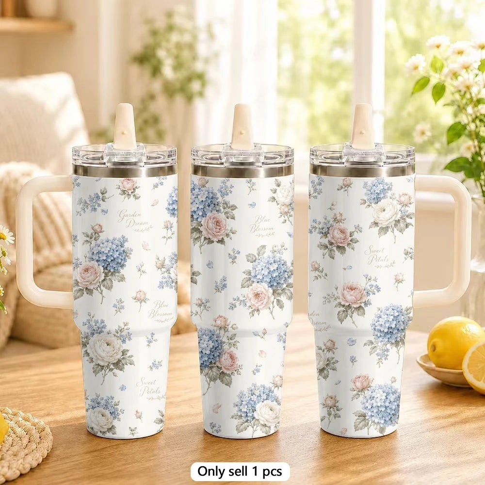 Vintage Floral Style Vacuum Flasks 40oz Stainless Steel Tumbler with Handle Straw Lid Vacuum Insulated Double Wall Leak Proof