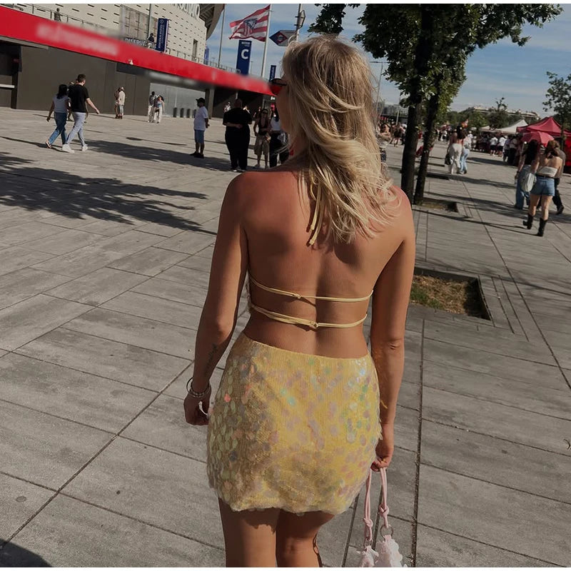 Sequins Halter Hollow Out Dress Women's Sexy Backless Sleeveless Contrast Color Mini Dresses 2026 Summer New Lady Beach Robes