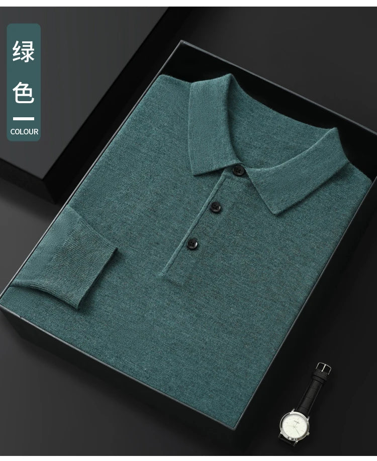 Men's Worsted Wool Kknit Pullover, Business Casual Polo Neck Sweater, Monochromatic Loose Top, Autumn and Winter Fashion, New