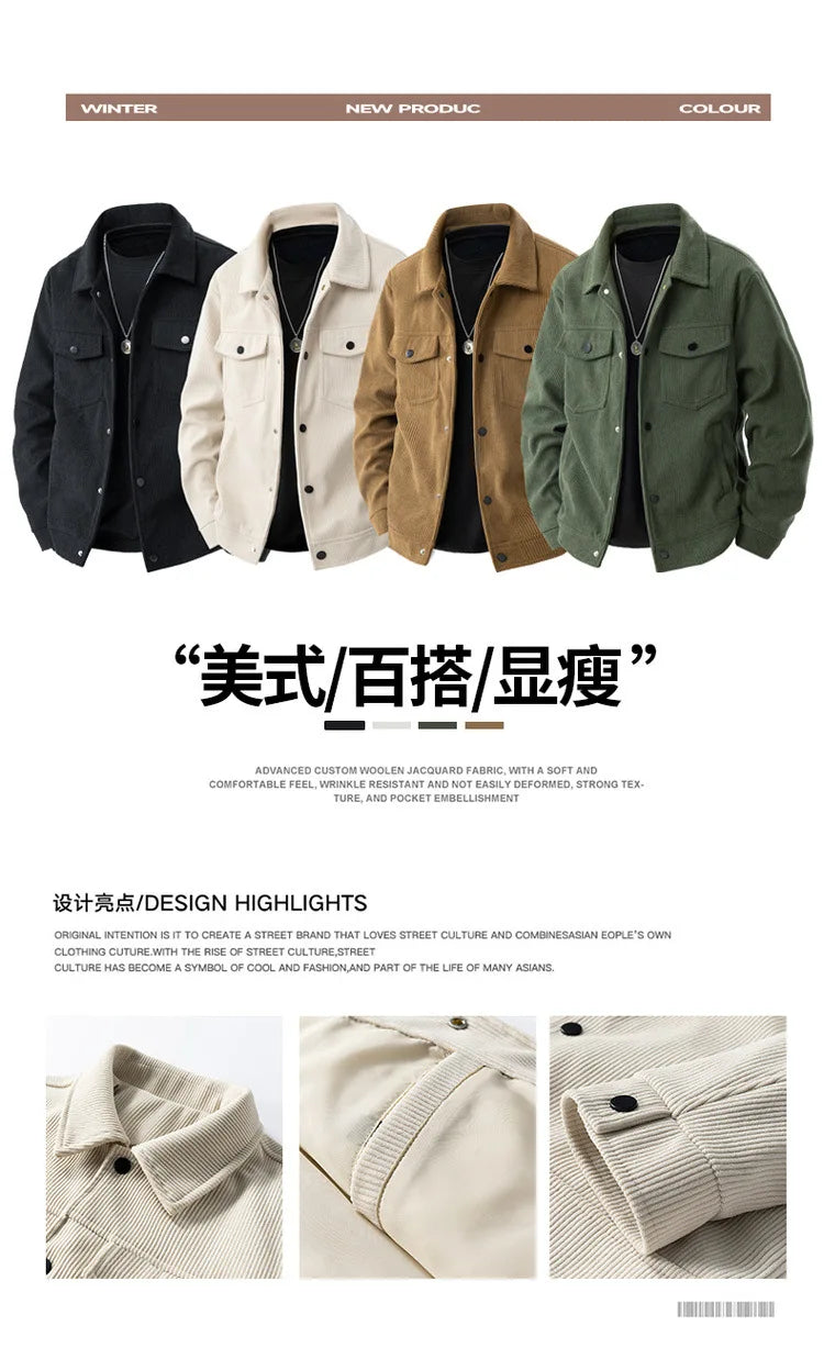 Spring and Autumn Men's Corduroy Lapel Jacket 2025 Men's New American Retro Brand Loose and Handsome Multi-pocket Cargo Jacket