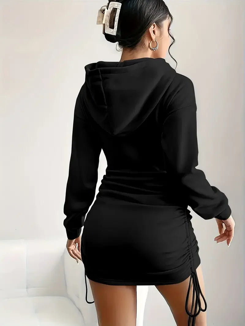 Women's Casual Elegant Hooded Dress Autumn Winter Long Sleeved Waist Cinching Mini Skirt Length Drawstring Pattern Print