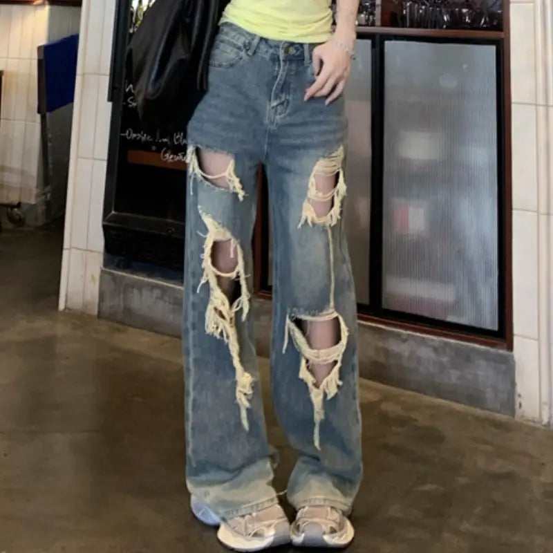 Retro Ripped Jeans for Women Summer High Waisted Loose Straight Leg Pants 2026 New Casual High Street Wide Leg Denim Trousers
