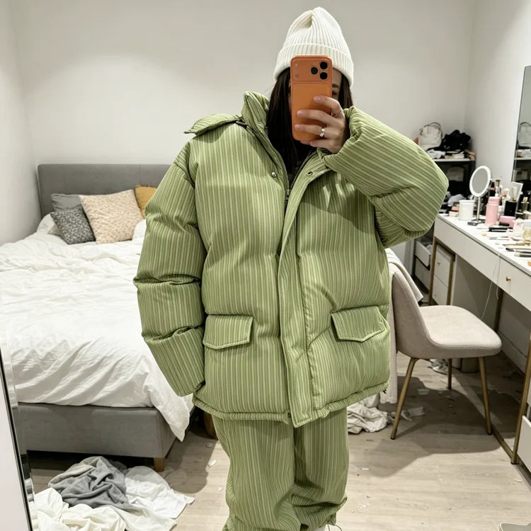 Women Striped Ski Suit 2 Pieces Set Hooded Puffer Jacket Wide Leg Snow Pants Winter Warm Waterproof Snowboard Outfit Tracksuit
