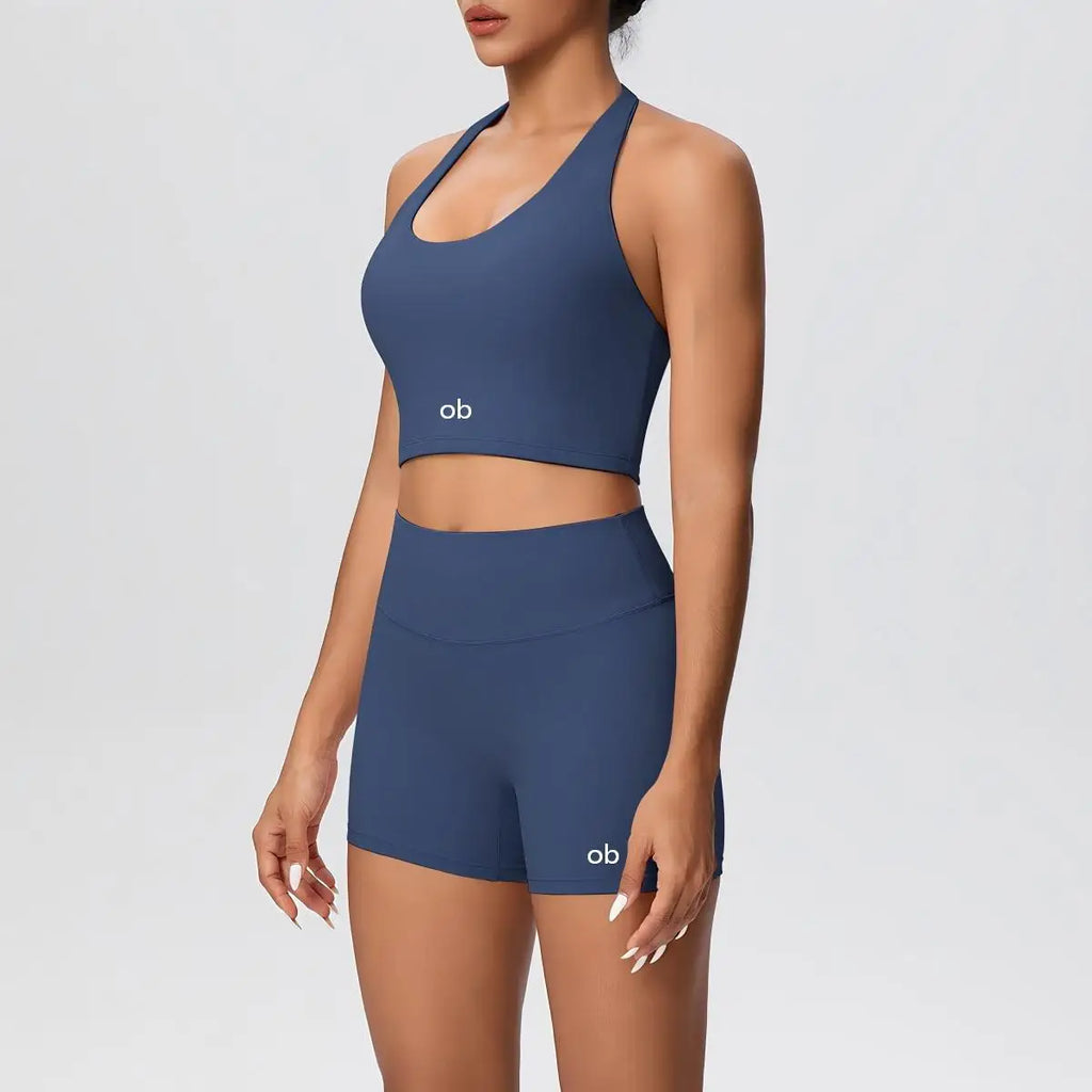 New solid-color double-sided brushed tight-fitting neckless short pants yoga set for exercise, running and fitness two-piece set