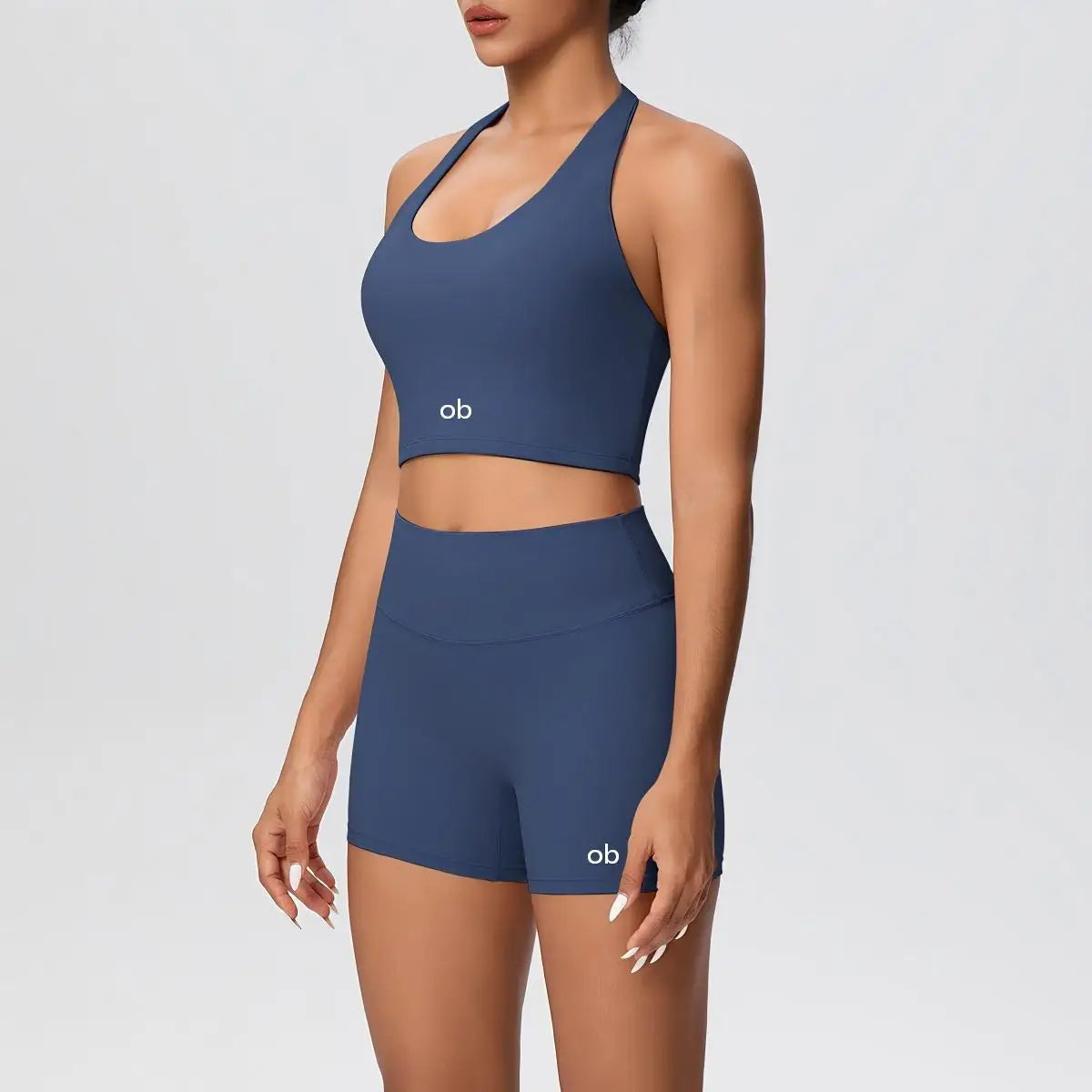 New solid-color double-sided brushed tight-fitting neckless short pants yoga set for exercise, running and fitness two-piece set