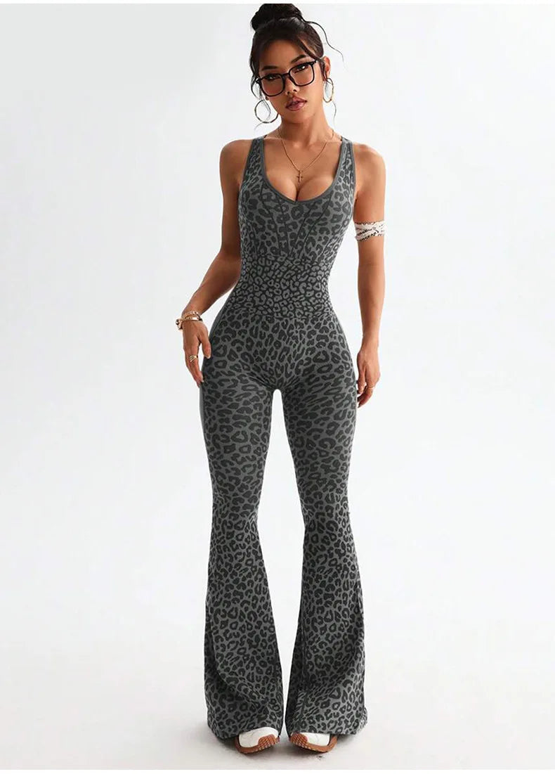 New Leopard Print Bodysuit Women Seamless Flared Pants Jumpsuits Sexy One-piece Fitness Suit Cross Back Stretchy Yoga Jumpsuits