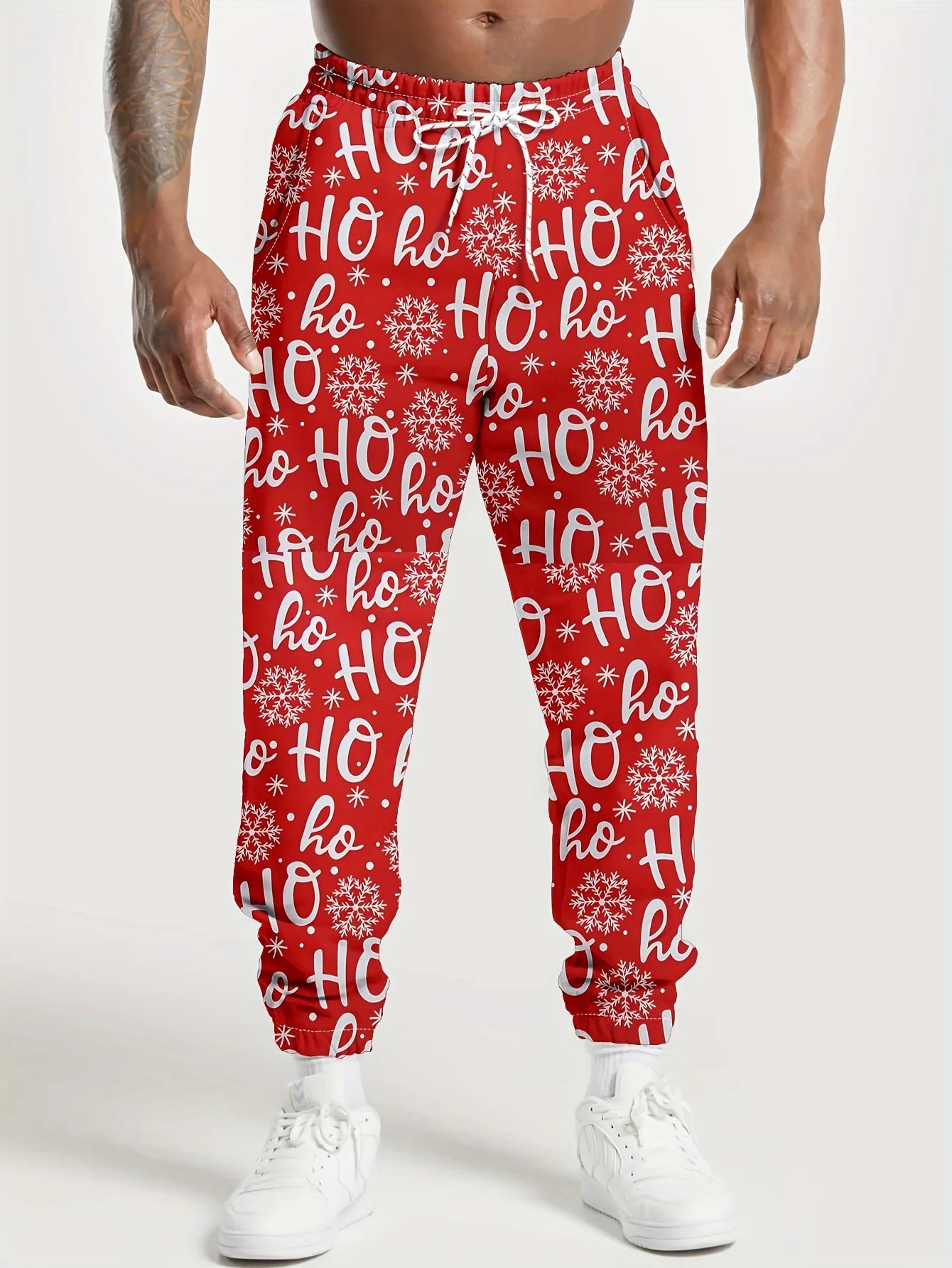 Men'S Christmas Pants with Santa, Reindeer & Tree Print - Red & White Holiday Trousers for Christmas Party, Everyday Winter Wear