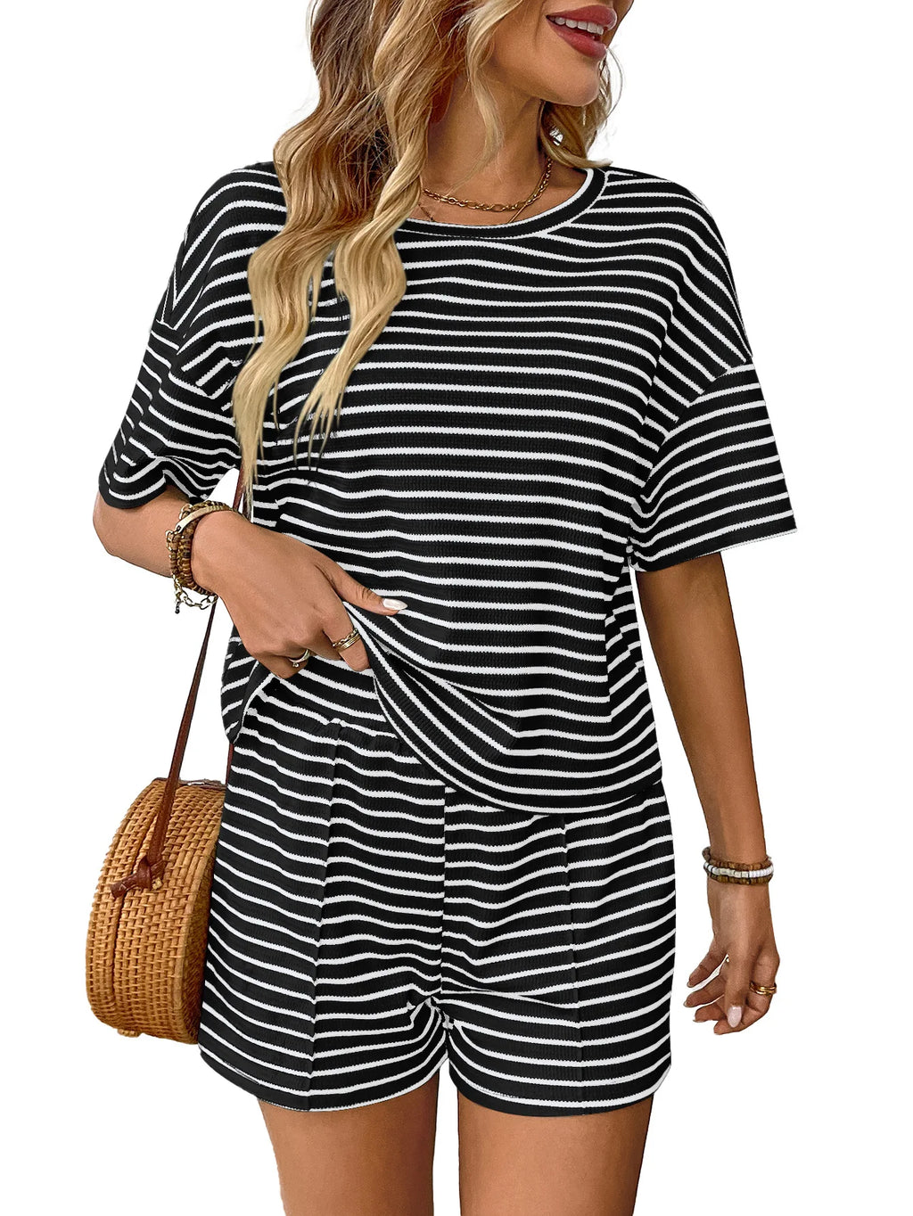 Women's Vacation Fashion Casual Suit Solid Summer Knit Shorts And T Shirts Tops Two Piece Sets 2025 Lady Street Leisure Sets