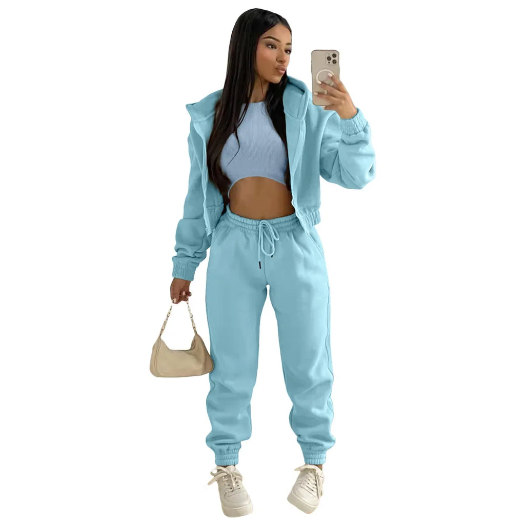 custom women's clothing plain winter hoodie joggers pants 3 piece pants set training wear womens sweatpants and hoodie sets