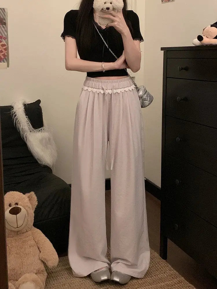 Women Lace Trim Wide Leg Pants Elastic Drawstring Waist Loose Casual Trousers Multiple Colors