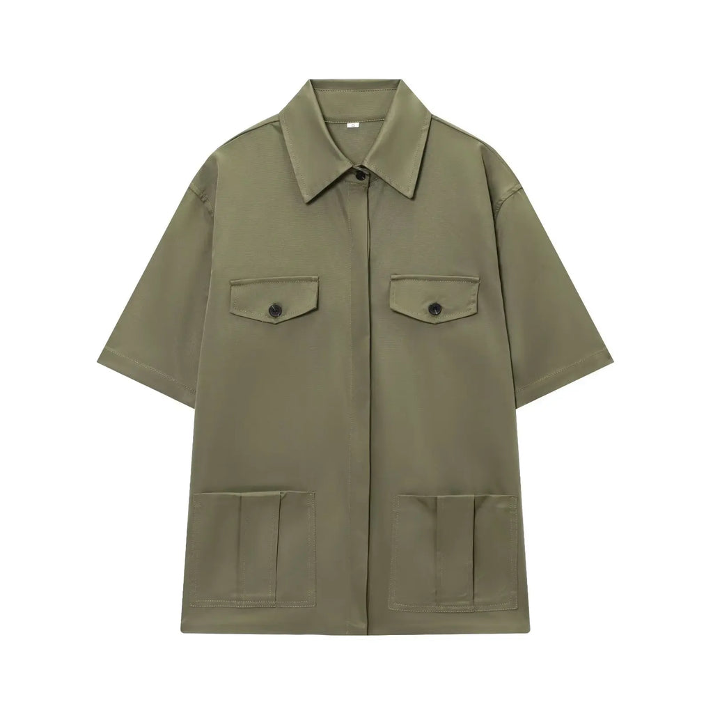 HH Women Summer Solid 2-Piece Set Button Pocket Decoration Short Sleeve Lapel Shirts+High Waist Pleated Zipper Casual Shorts
