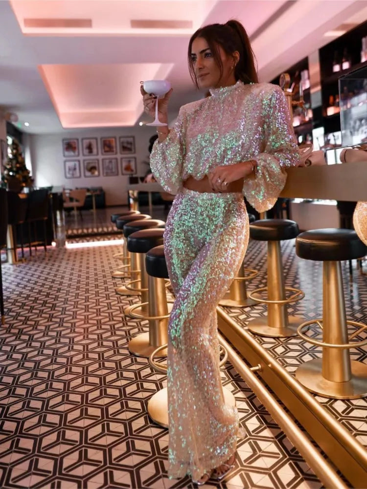 New Color Sequin Pants Sets Women Fashion Lantern Sleeves Cropped Top High Waist Trousers Two Piece Set Hot Girl Female Clothing