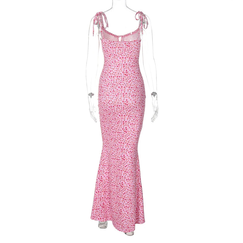 Hugcitar Floral Print Sleeveless Backless Slips Lace Up Maxi Dress Sexy Bodycon Summer Elegant Outfits Holiday Party Wholesale