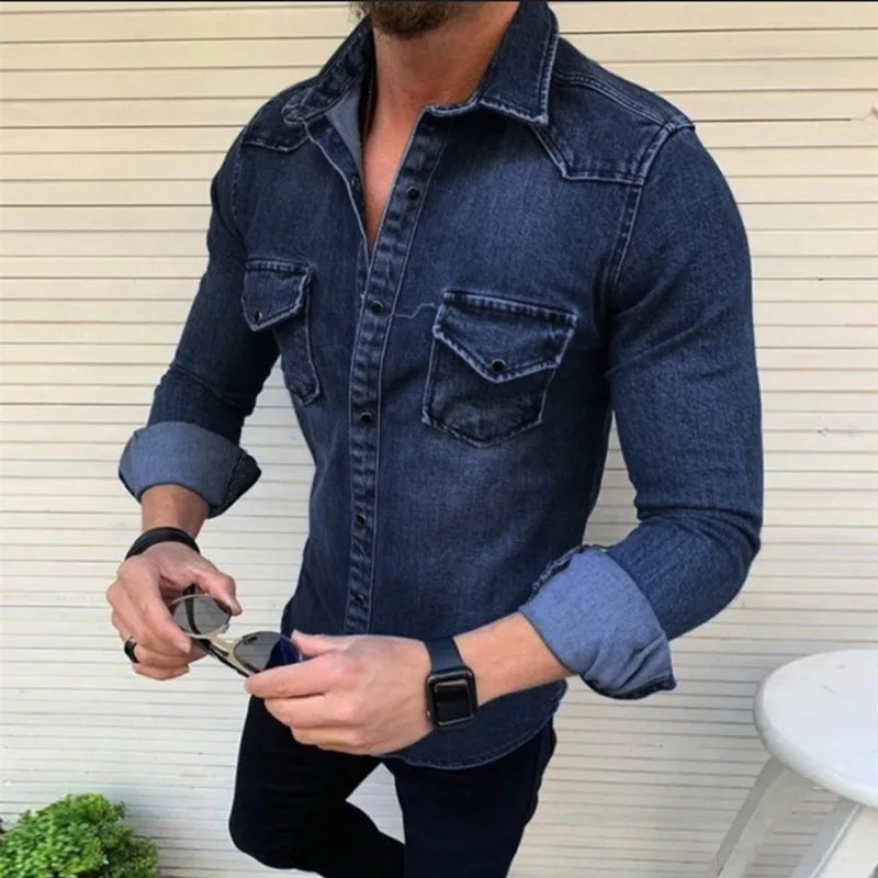 Denim Shirt Men Long Sleeve Washed Spring Summer Jean Tops