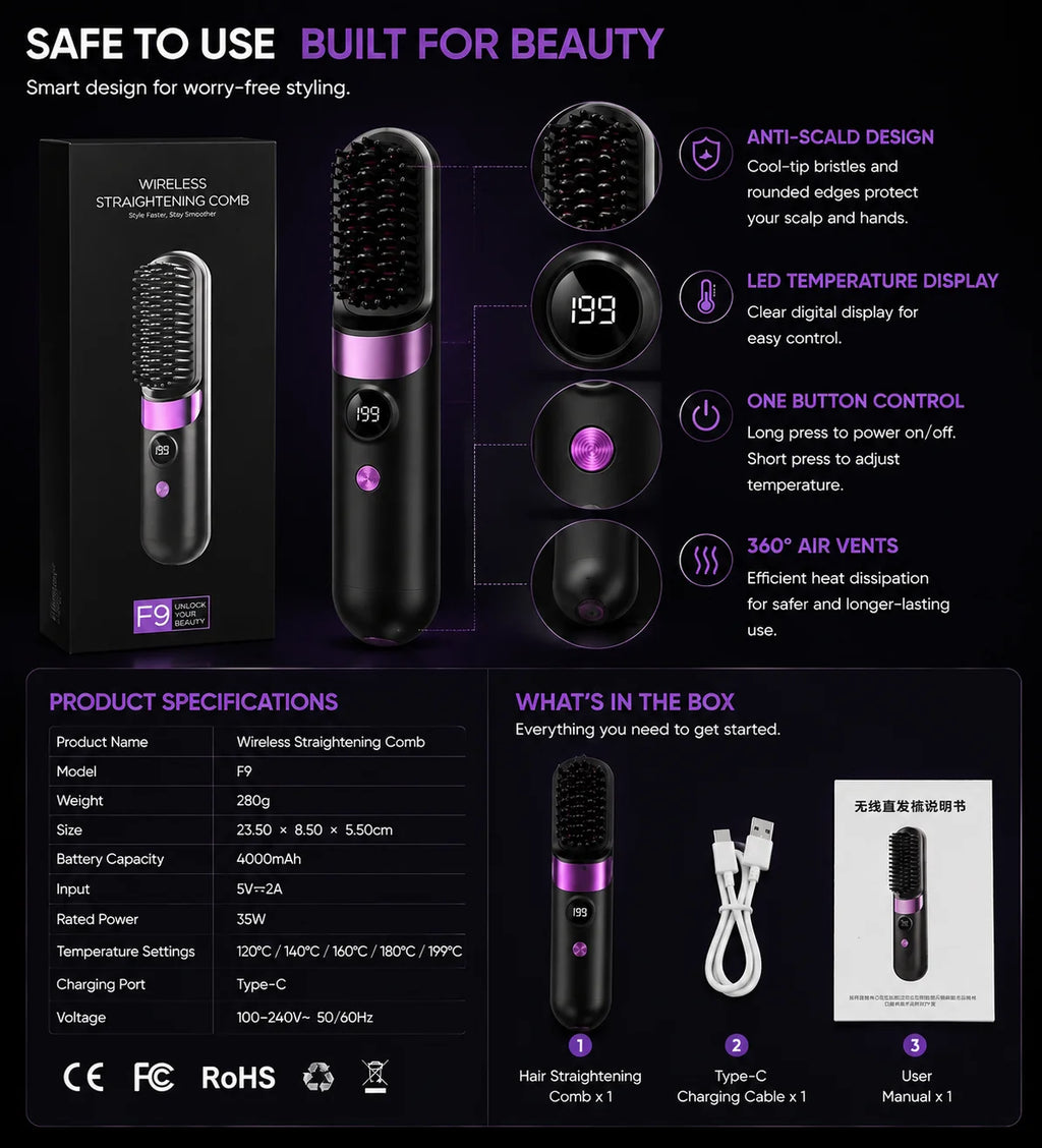 Portable Hair Straightener Brush USB Charging Cordless Hot Comb Ceramic Coating Ionic Anti Frizz Styling Tool