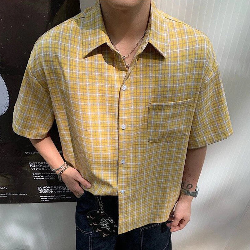 2025 Summer Stylish Short Sleeve Shirt Men's Streetwear Vintage Button-up Turn-down Collar Shirts Trendy Men Plaid Printed Shirt