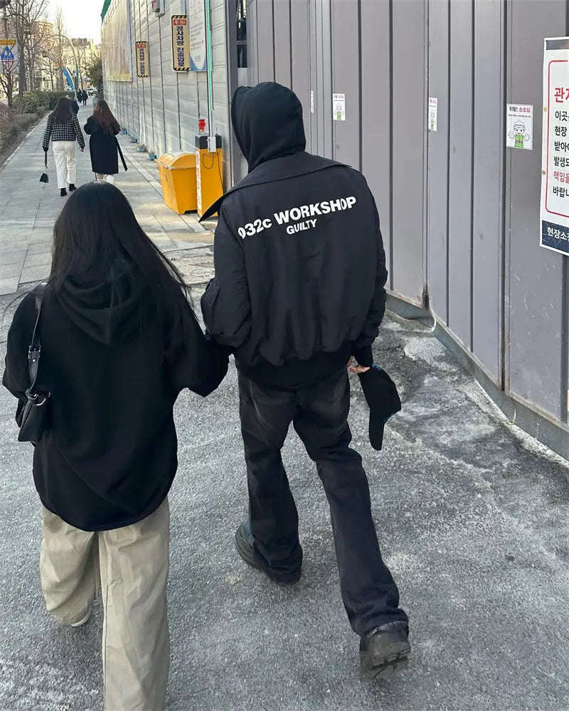 032C black silhouette short wide bomber zip multi pocket jacket