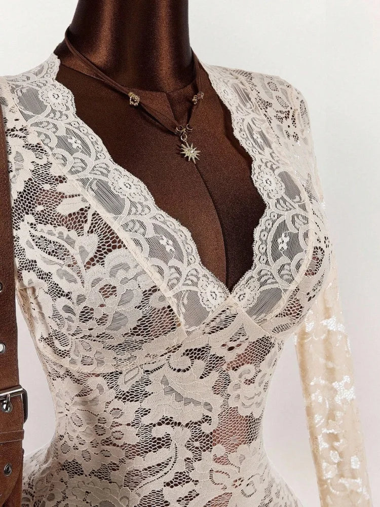 Wmstar Dresses for Women Wholesale Ruffled Lace V Neck Belted Short Dress See Through Design Suitable Beach Vacation 2026