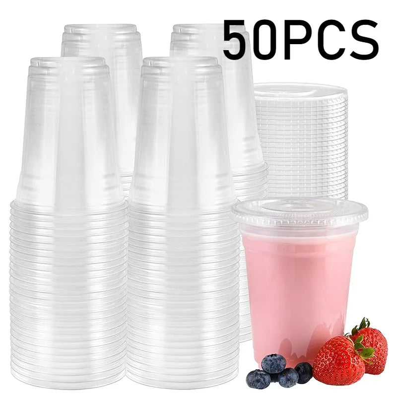 50 PCS12/16/20OZ Plastic Cups with Lids Transparent Disposable Cups Party Weddings Holidays Coffee Milkshakes Cold Drinks