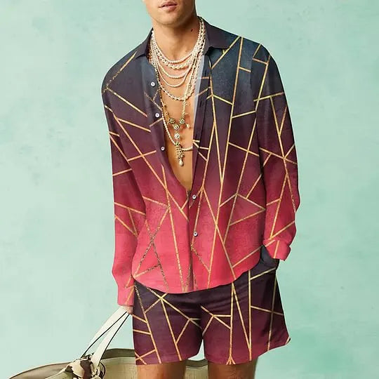 2PCS Suits Men Fashion Shirts+Shorts Two Piece Sets Hawaii Shirts Luxury European Shirt Sets Beach Vocation Outfits Streetwear
