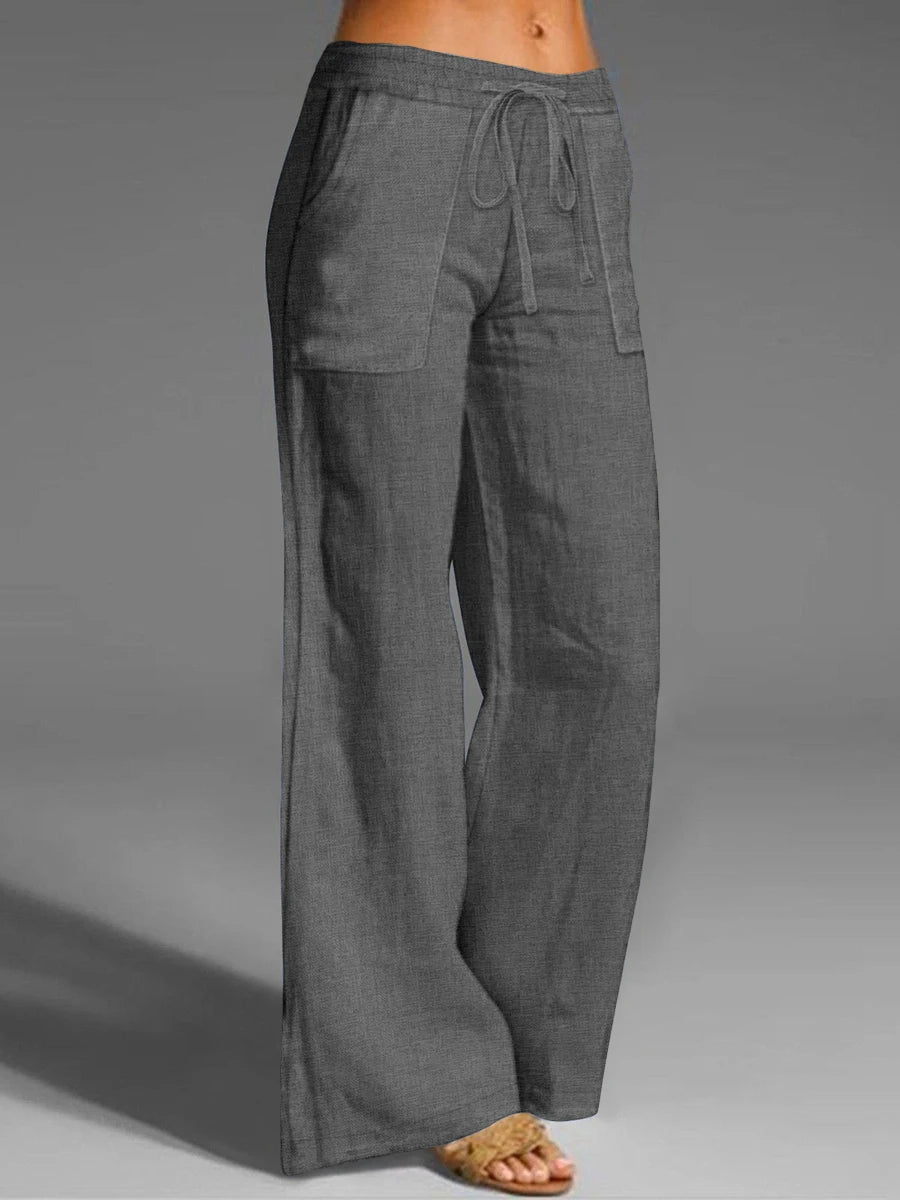 Women's Wide Leg Pants Elastic Waist Drawstring Casual Loose Trousers Summer Solid Color Pockets Comfortable Soft Beach Pants