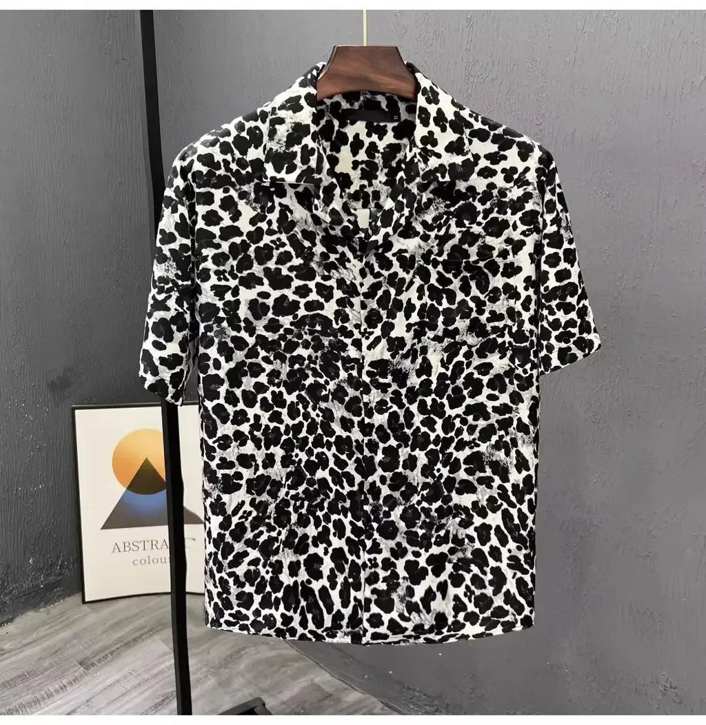 Leopard Print Short-sleeved Shirt Men's Design Niche Fashion Versatile Casual Summer Thin Style 2025 New Trendy Top