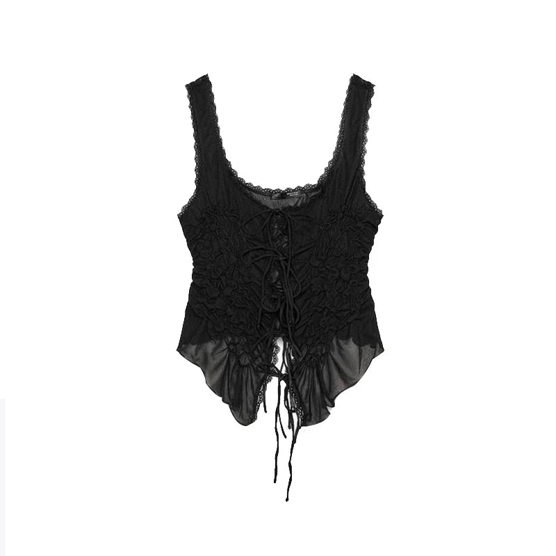 Sexy Lace Up Ruffles Women Vest Slim See Through Hollow Out Slash Neck Sling Female Top 2025 Summer Beach Lady Clothes