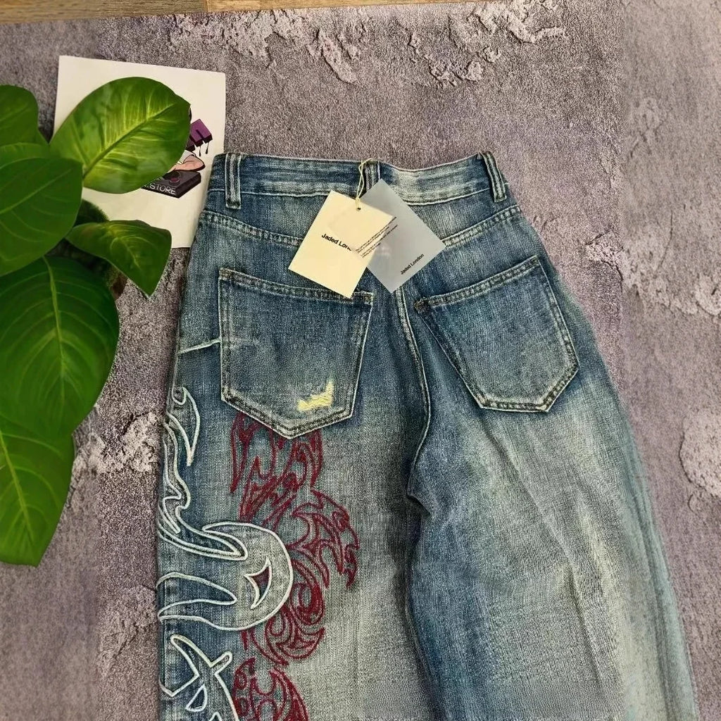 Y2K American New Pattern Embroidery Baggy Jeans Couple Pants mid Waist Straight Leg Loose Fit Teenager Jeans Casual Trousers