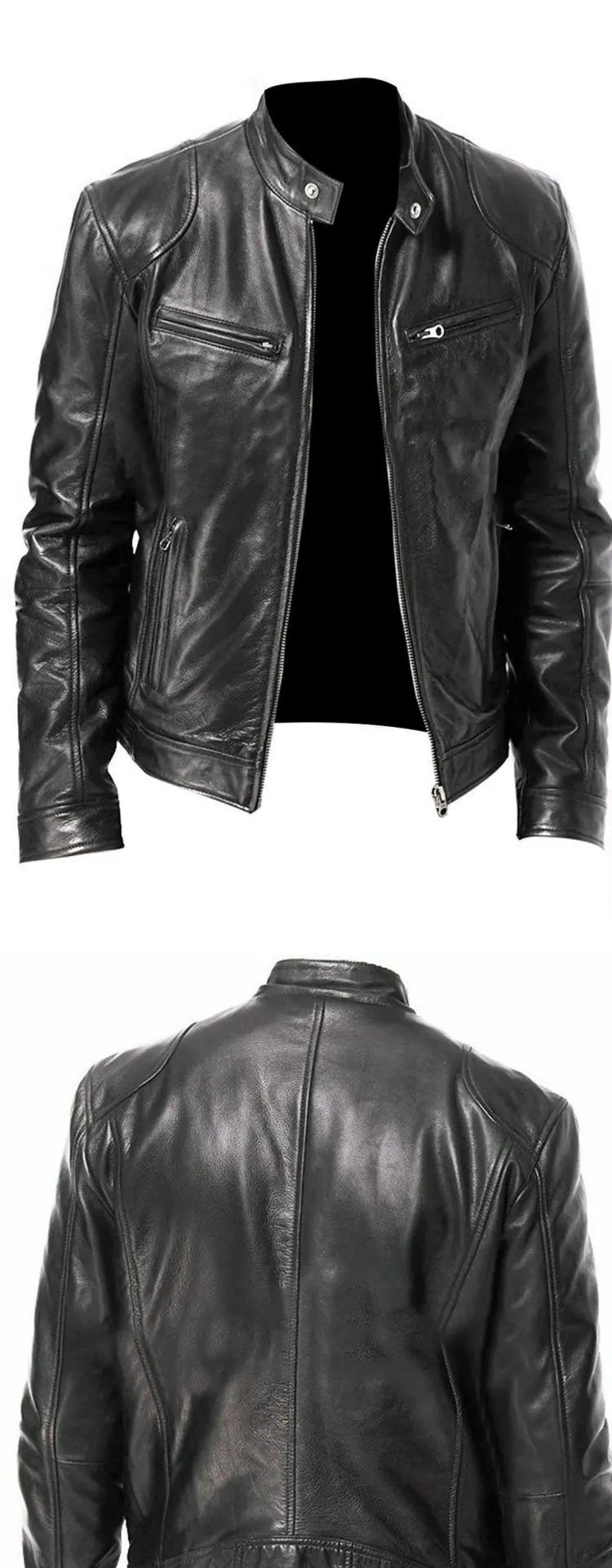 Winter Stand Collar Zip-Up Pocket PU Leather Jacket Men's Slim Business Casual