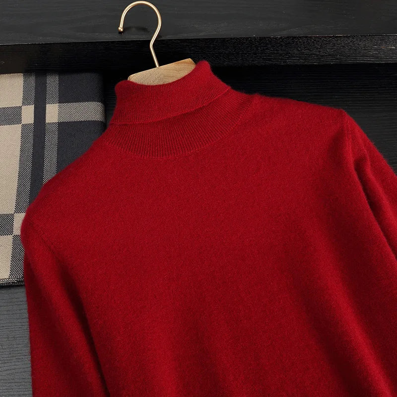 Autumn/Winter Men's 100% Cashmere Pullover Business Casual Solid Knitted Sweater Loose High Collar Tops Basic Thick Warm Jumper
