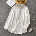 Luxury Rhinestone Turn down collar shirt for women 2025 New Shiny Satin Tie blouse Loose Black White Elegant Tops INKEO 5T031