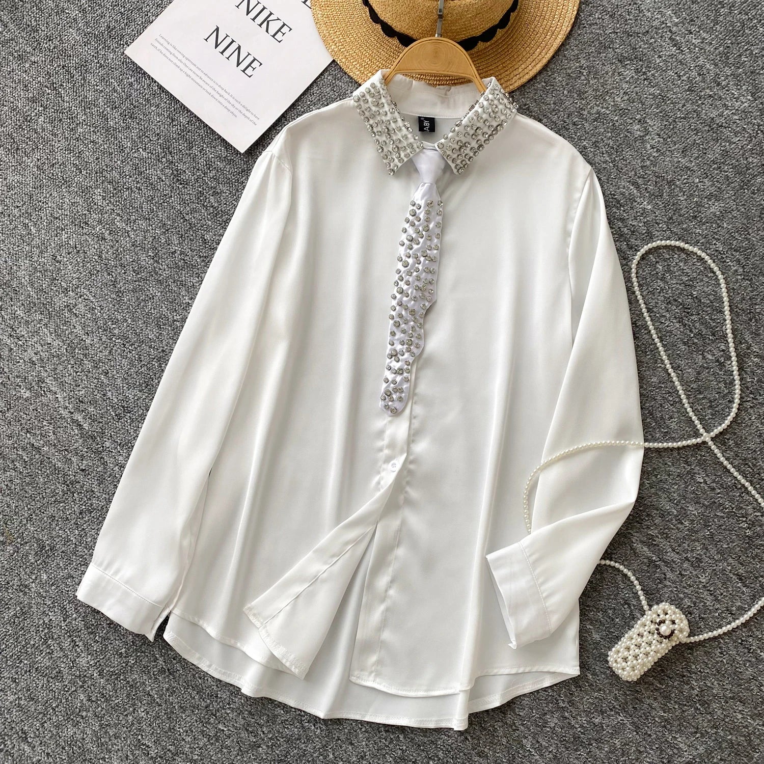 Luxury Rhinestone Turn down collar shirt for women 2025 New Shiny Satin Tie blouse Loose Black White Elegant Tops INKEO 5T031