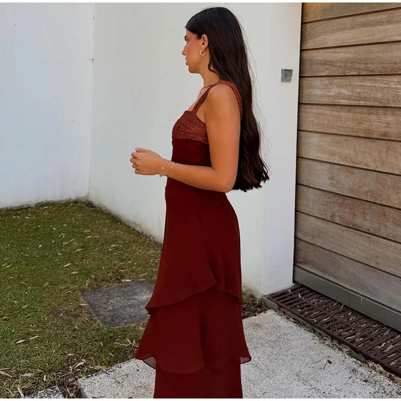 Elegant Patchwork Women's Dress Sleeveless Cascading Ruffle Skew-Collar Lady Long Dresses 2026 Summer Chic Female Vacation Robe