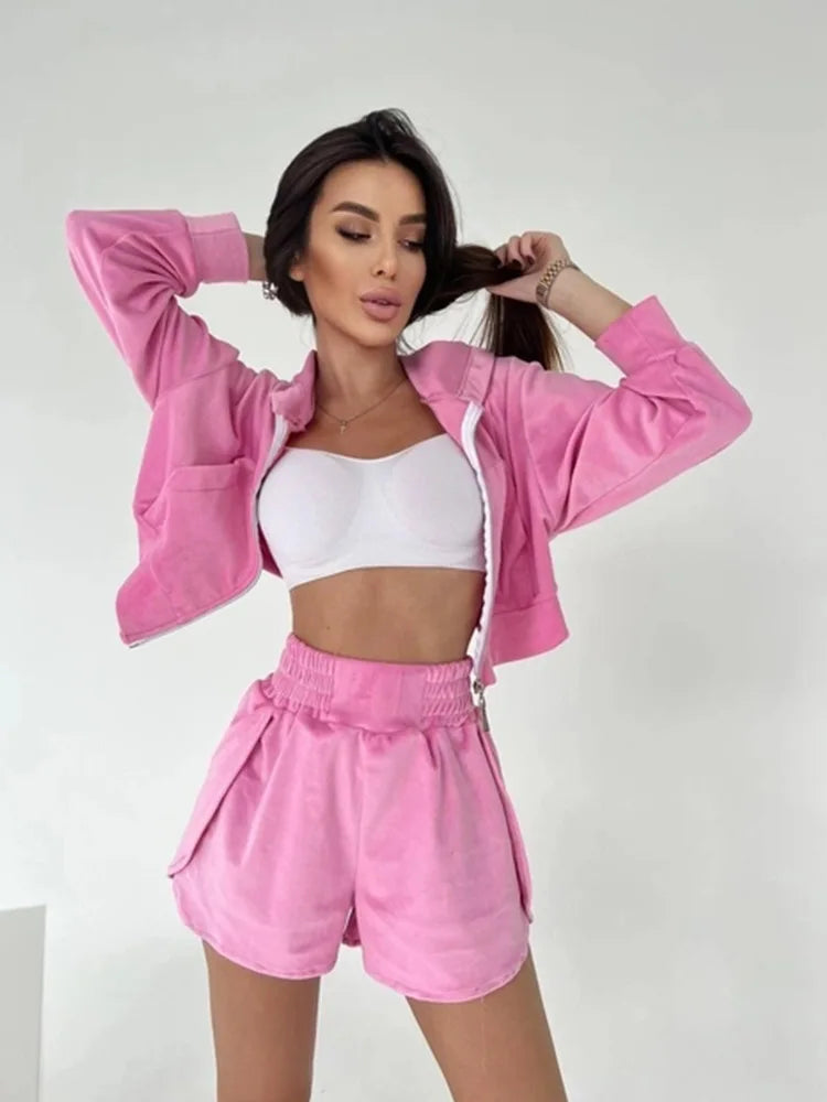 2025 Casual Women's Wear, Zipper Cardigan Long Sleeve Drawstring and Shorts Set, Hoodie Fashion Split Shorts Two-Piece Set