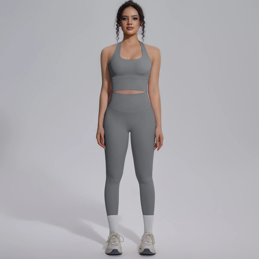 Rooftrellen New Women's Two-piece Set Fitness Sports Solid Color Yoga Set Summer Quick Drying Legging Pants Gather I-shaped Vest