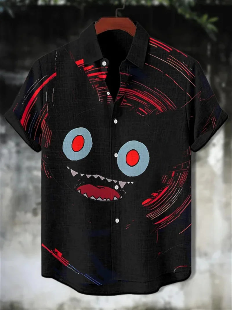 Hawaiian Linen Short Sleeved Shirt Men's Cat Print Short Sleeved Shirt Top with Collar for Casual Vacation Clothing Top