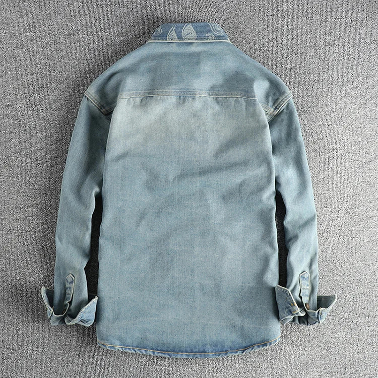 Heavy collar cashew flower embroidery design sense of British vintage denim shirt men's autumn trend coat with long sleeves