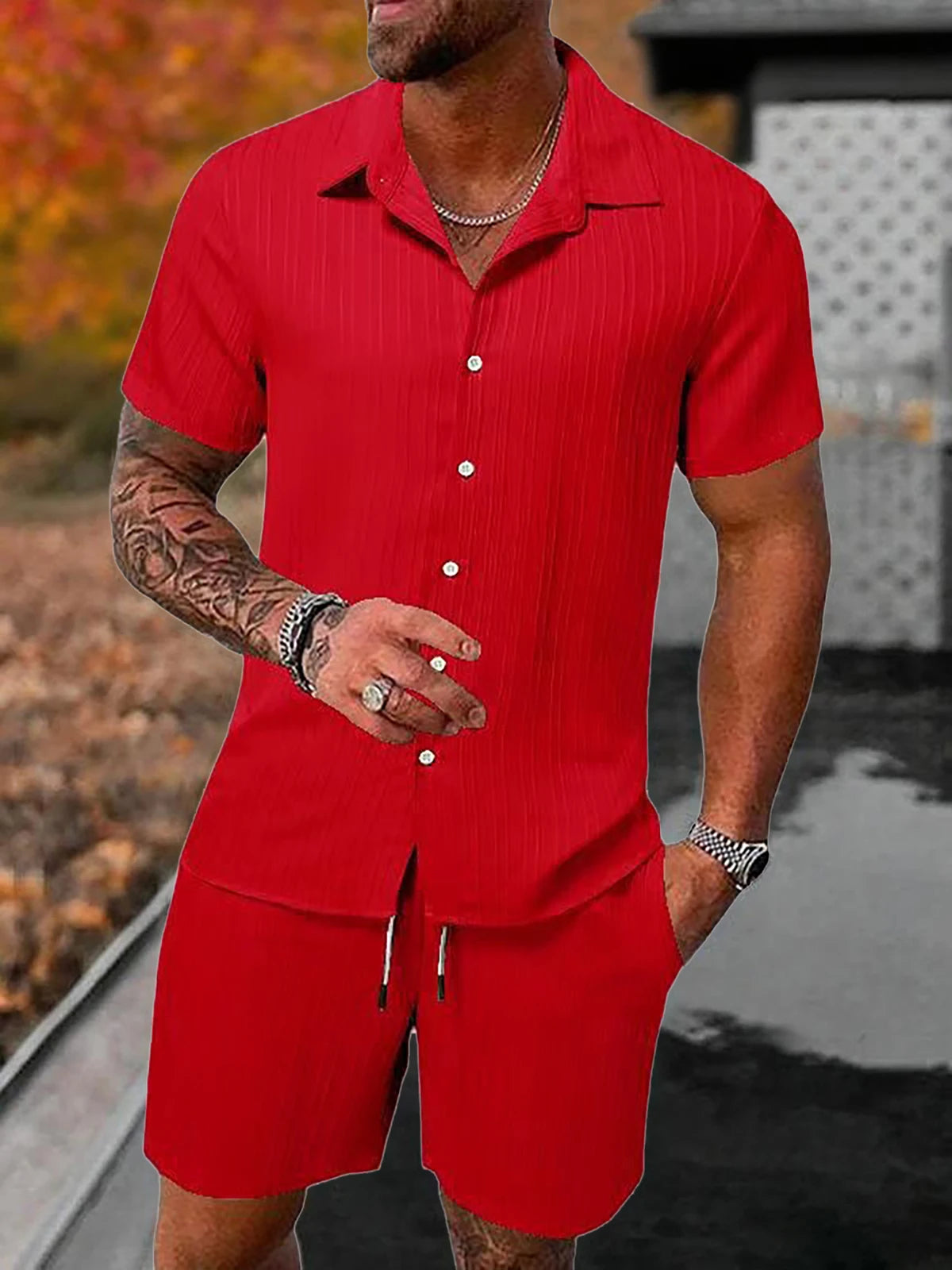 Lazy Street Style Vertical Stripe Slimming Shirt Shorts Two-piece Set No Need To Pair With Autumn Men's Thin Knit Sports Suit