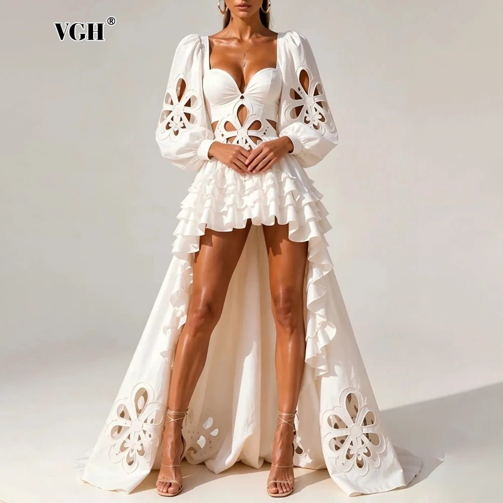 VGH Fashion Style White Cutout Floral Accent Gown for Women Square Collar Puff Sleeve Asymmetric Train Skirt for Beach Elopement