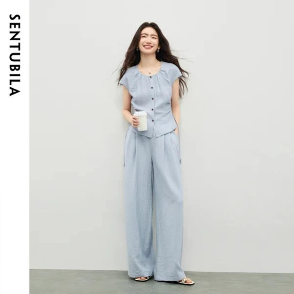 SENTUBILA Women's Office Set 2026 Summer New Blue Button Shirred Drawstring Slim Top Straight Pant 2 Piece Sets 162ZK6231