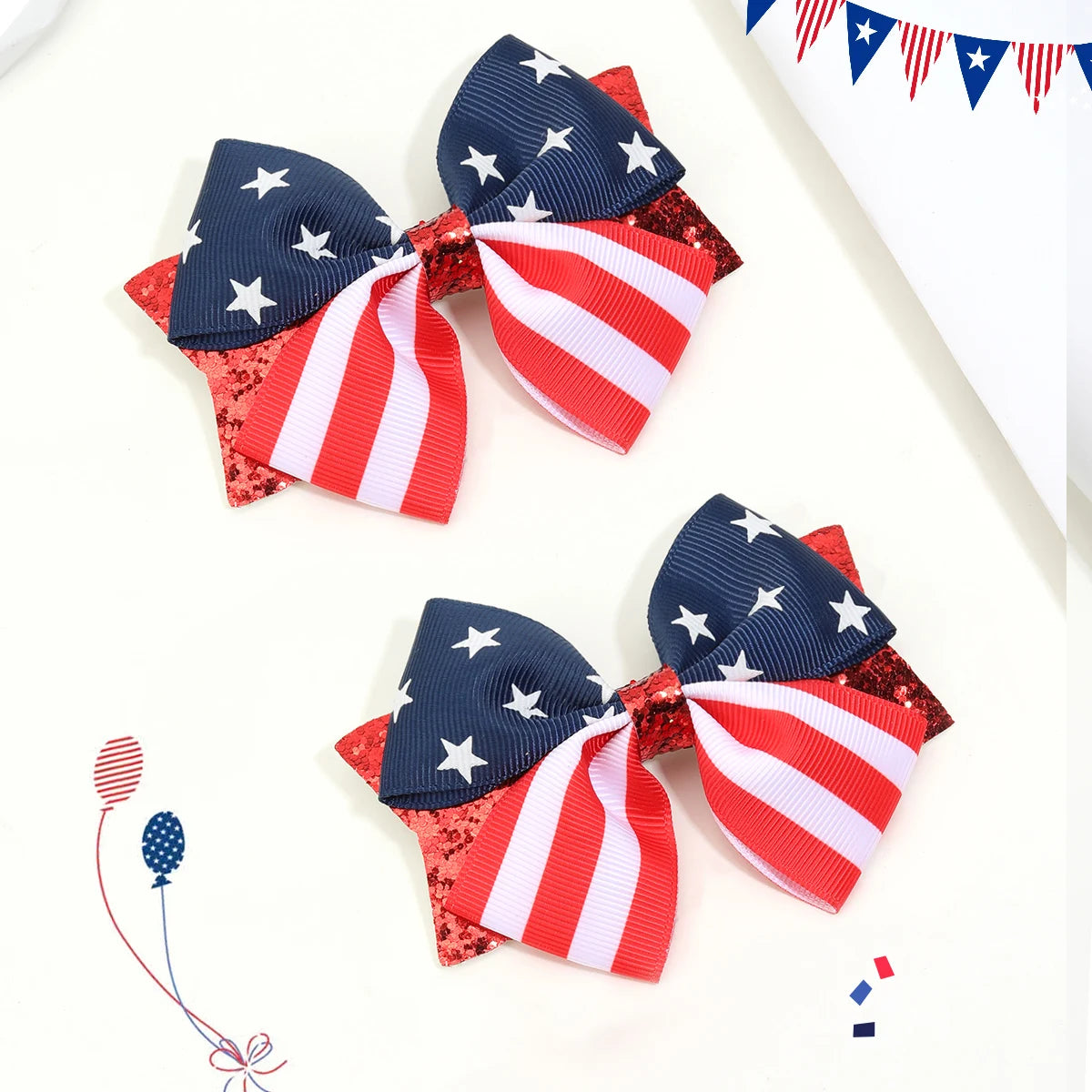 2Pcs USA Flag Bow Hair Clip Ribbon Patriotic American Flag Design Red White Blue Bow Barrettes For 4th Of July Party Accessories